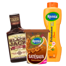 Remia XL fritessaus, mayonaise,
American BBQ of satésaus
2 flessen à 450/1000 ml
of bekers à 540 ml